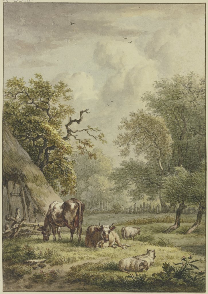 Bei einer Hütte weiden zwei Kühe und drei Schafe, Jan Hulswit