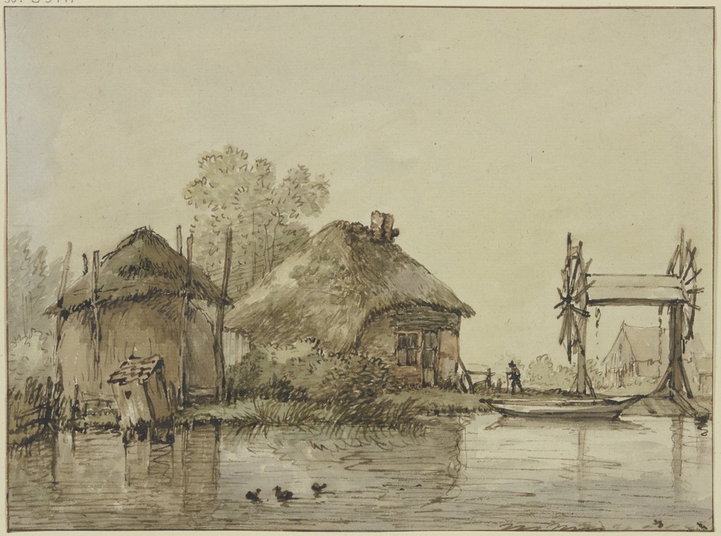 An einem Kanal ein Haus mit Scheune und eine Schleuse mit zwei Rädern, Jan Hulswit