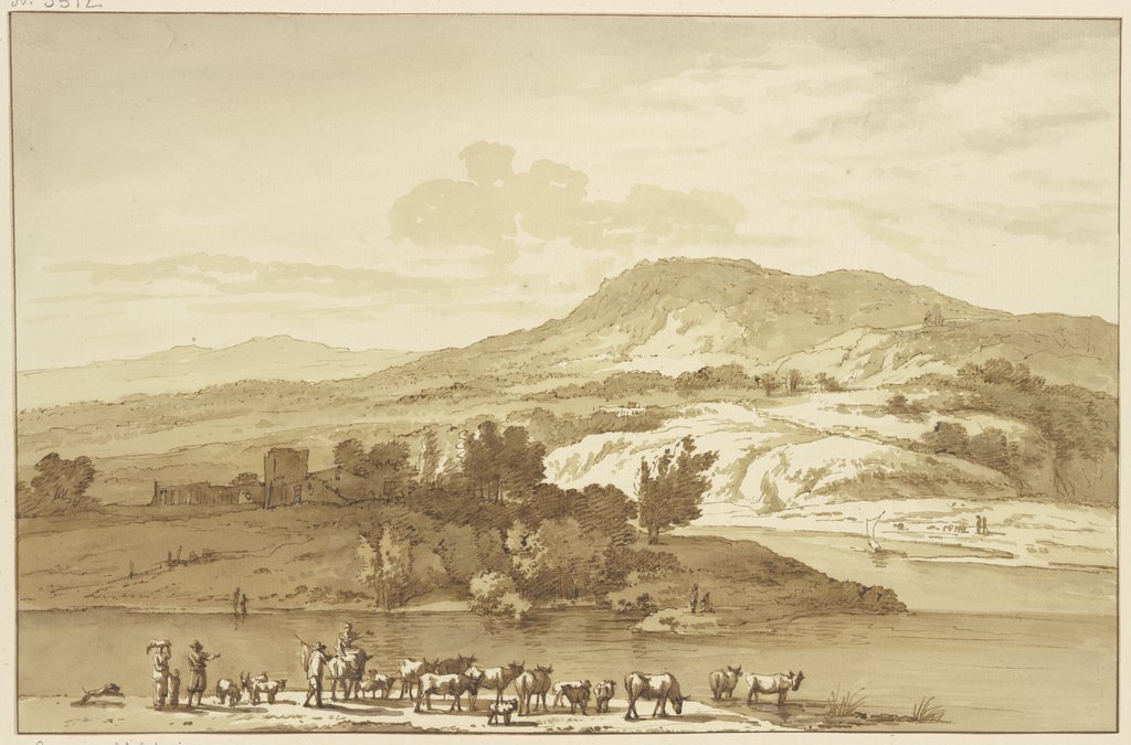 Fluß mit Herde, im Hintergrund Berge, Jan Hulswit