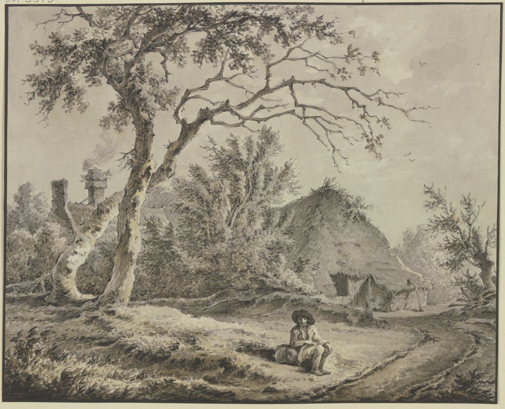 Eichen und Hütten, vorn am Weg sitzt ein ein Wanderer mit einem Bündel, Jan Hulswit