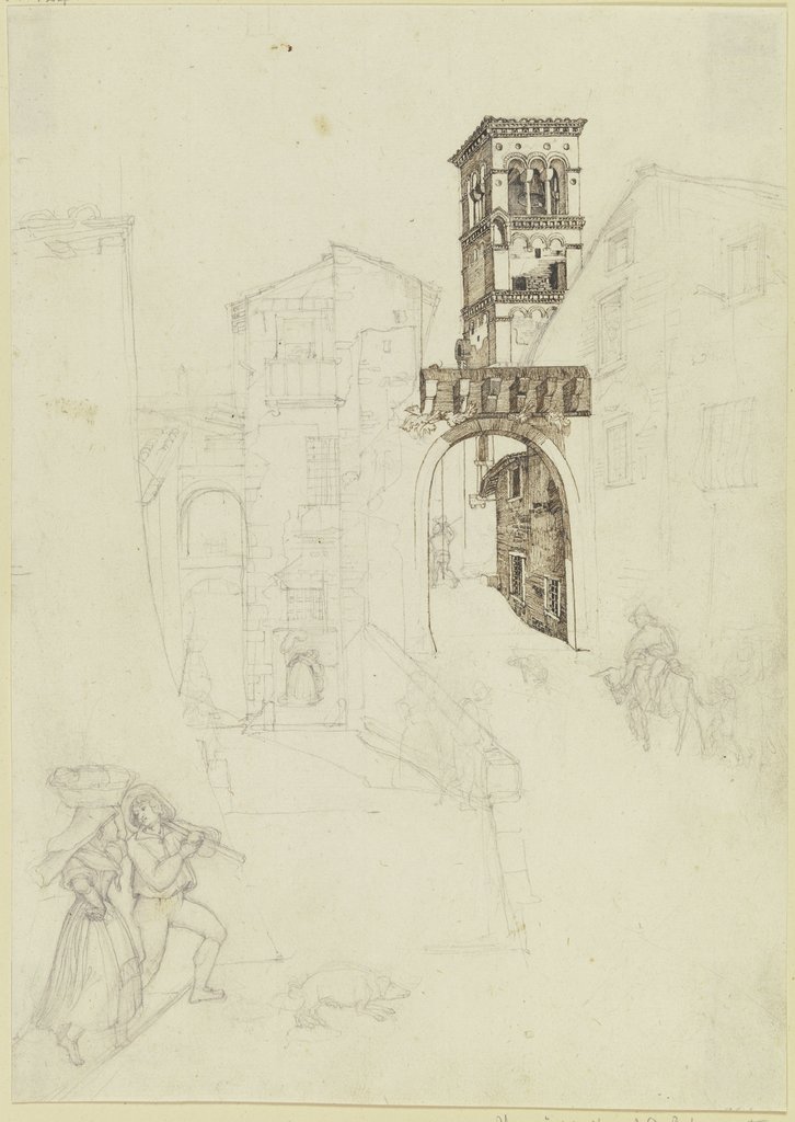 Straße in Rom mit einem Torbogen und dem Kirchturm von Santa Sabina, Heinrich Hübsch, Carl Philipp Fohr