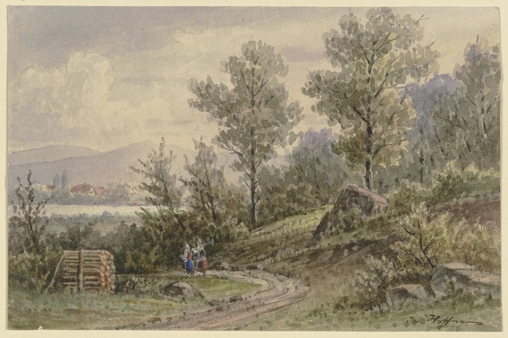 Blick vom Wald auf ein Dorf und Berge, Jacob Hoffmann