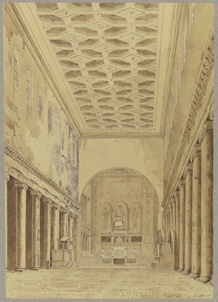 Blick durch das Mittelsschiff zum Altar von S. Lorenzo fuori le mura in Rom, Friedrich Wilhelm Ludwig