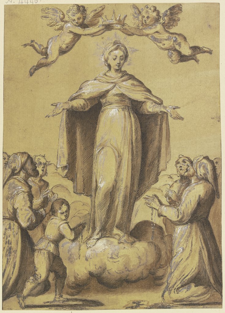 Maria auf Wolken stehend, zwischen Anbetenden mit Rosenkränzen, Francesco Vanni;   ?