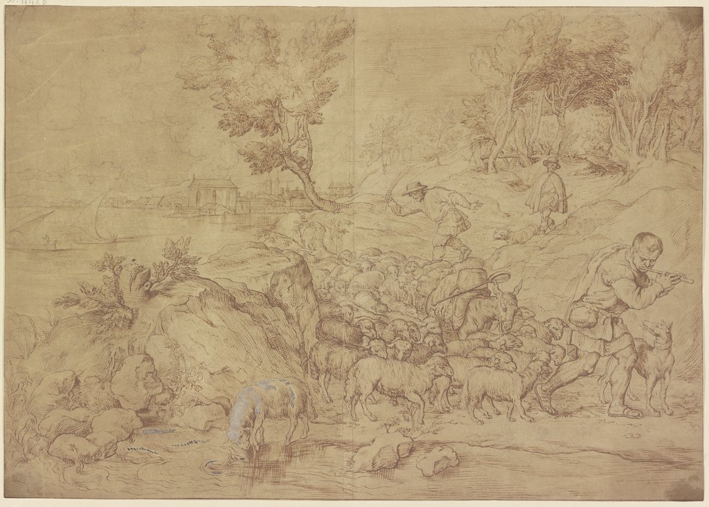 Arkadische Landschaft mit Hirten, Venezianisch, 16. Jahrhundert, nach Tizian