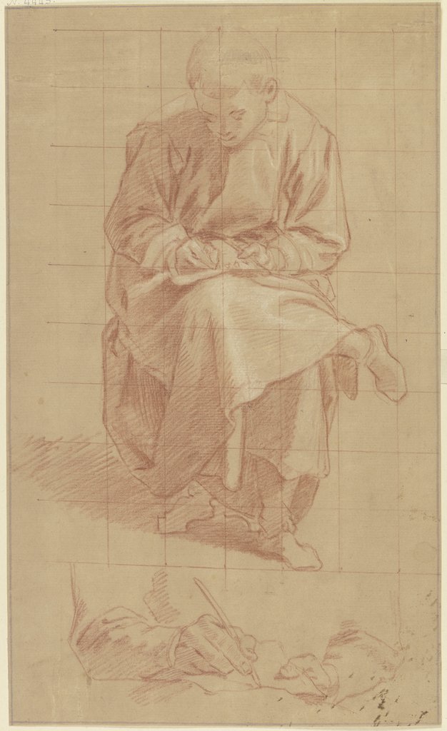 Studienblatt: Sitzender Mann, auf dem übergeschlagenen Knie ein Buch haltend und darin schreibend, darunter Hände, mit der Feder zeichnend oder schreibend, Francesco Vanni;   ?
