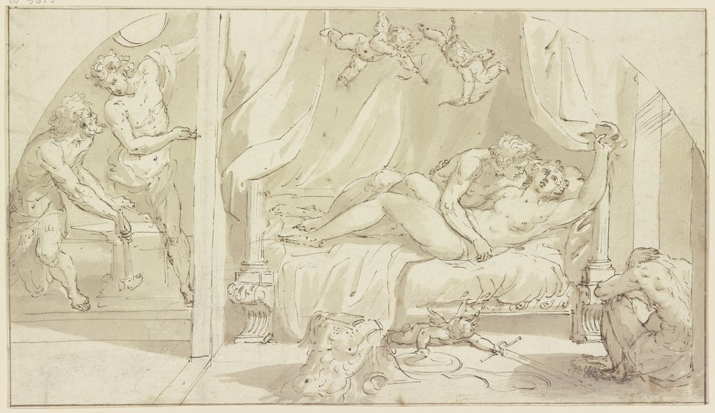 Die Liebesaffäre zwischen Venus und Mars, dem Vulcan durch Apollo offengelegt, rechts der eingeschlafene Wächter Alectryon, Italienisch, 16. Jahrhundert