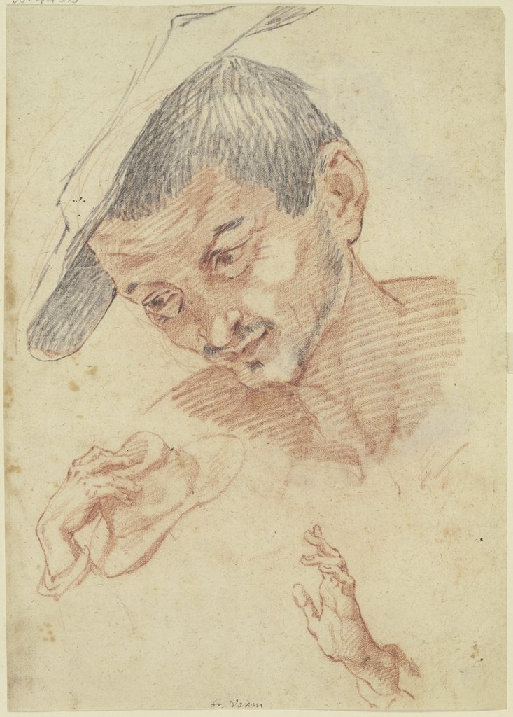 Studienblatt: Kopf, eine den Hut abnehmende Hand sowie die anbetend erhobene Hand eines anbetenden Hirten, Francesco Vanni;   ?