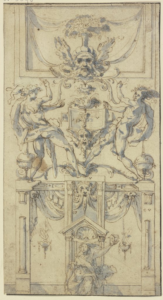 Ornament mit Grotesken, einer sitzenden weiblichen Figur und zwei Jünglingsakten in schreitender Stellung, Italienisch, 16. Jahrhundert