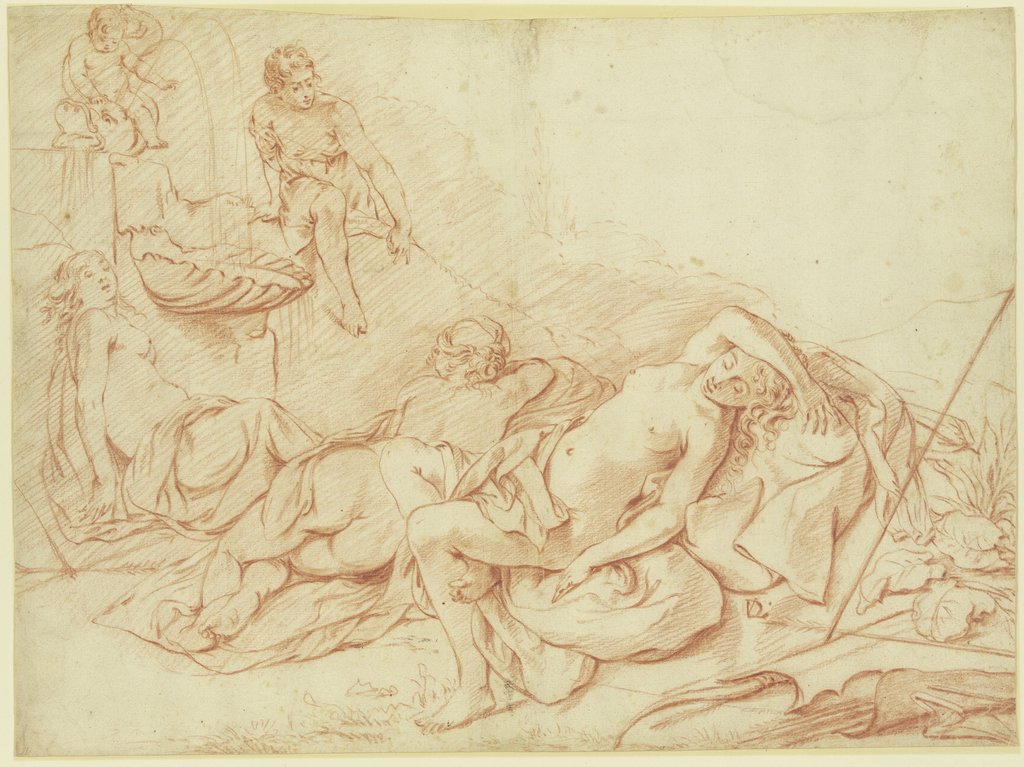 Drei schlafende Nymphen von einem Jüngling belauscht, Dirck van der Lisse