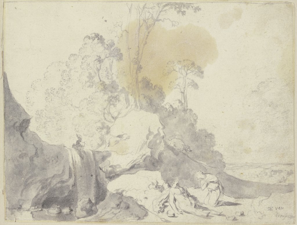 Klage der Thisbe in romantischer Landschaft, Dirck van der Lisse