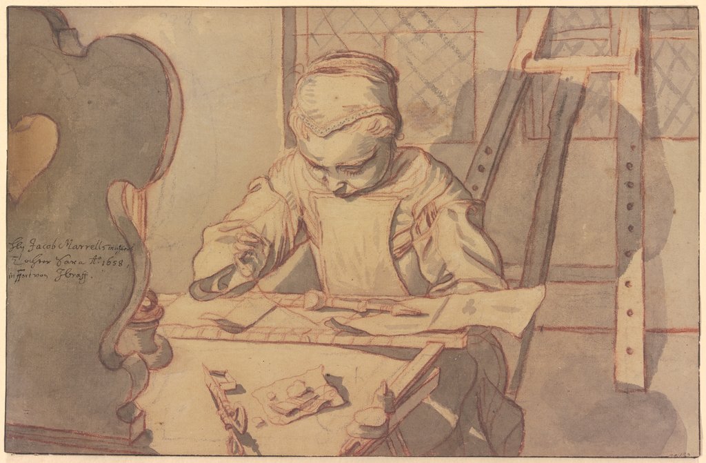 Sara Marrel an einem Tisch sitzend, beim Sticken, Johann Andreas Graff