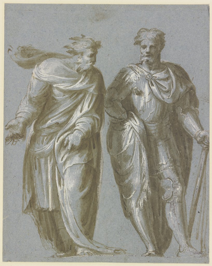 Zwei beieinander stehende Männer, der linke im Philosophenmantel mit weisender Geste, der rechte als Feldherr, Jacopo Palma il Giovane;   ?