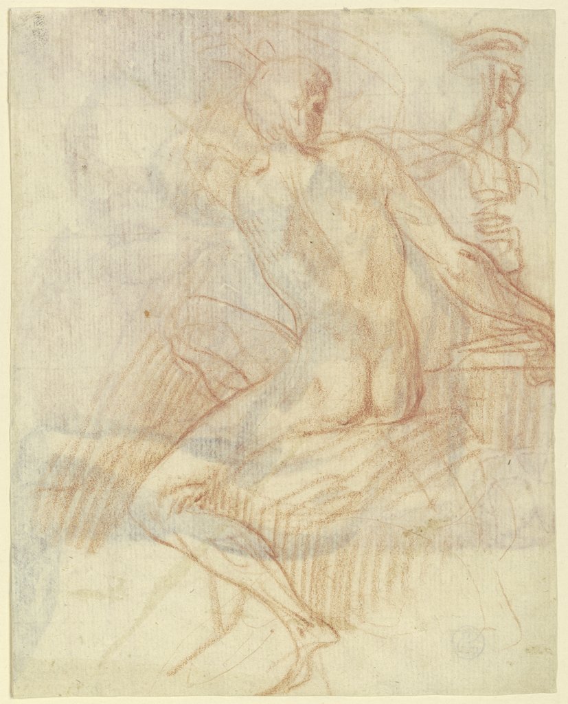 Sitzender männlicher Akt nach links, zurückgewandt einen hinter ihm stehenden Kandelaber haltend, Parmigianino;   ?
