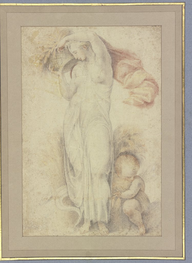 Ceres mit Ährenkorb, dabei ein geflügelter Putto mit Garbe, Art des Parmigianino;   ?
