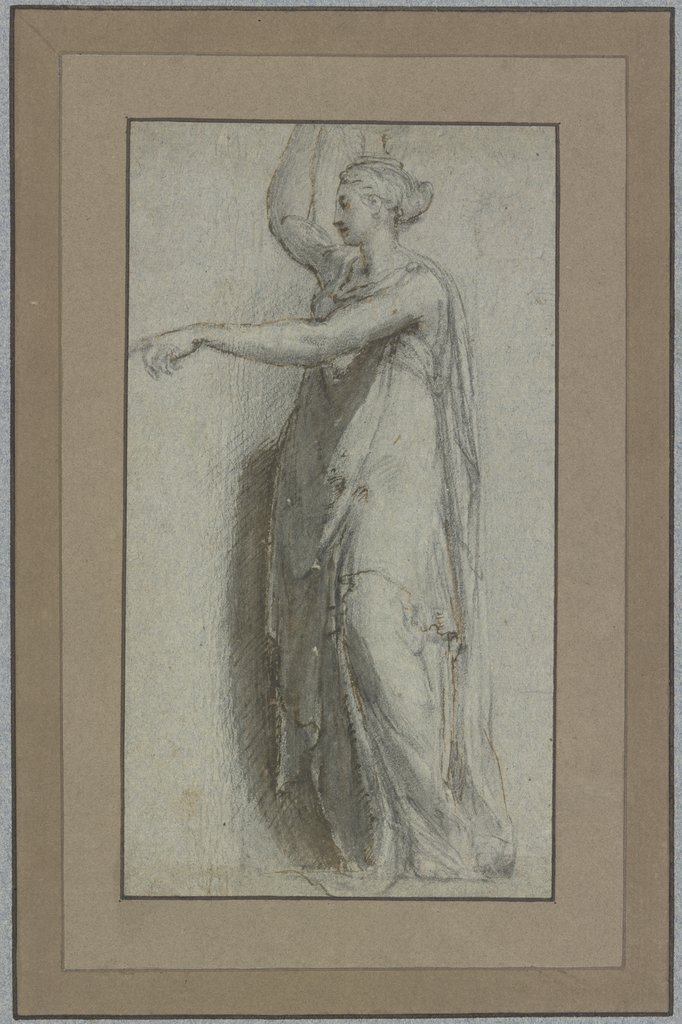 Stehende weibliche Gewandfigur nach links, die rechte Hand zu einem auf dem Kopfe getragenen Gefäße erhoben, Art des Parmigianino;   ?