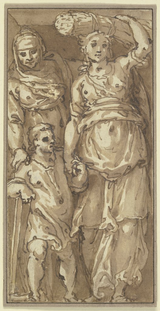 Eine alte und eine junge Frau, ein Getreidegarbe auf den Kopf tragend, mit einem Kind, das sich auf ein pflugartiges Gerät stützt, Bartolomeo Passarotti;   ?