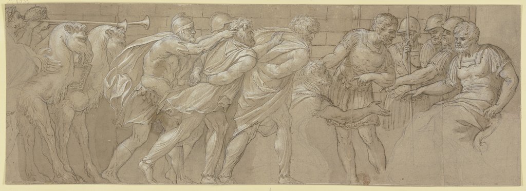 Gefangene werden vor einen Feldherrn gebracht, ihnen folgt das siegreiche Heer mit Musik, Unbekannt, 16. Jahrhundert;   ?, nach Polidoro da Caravaggio