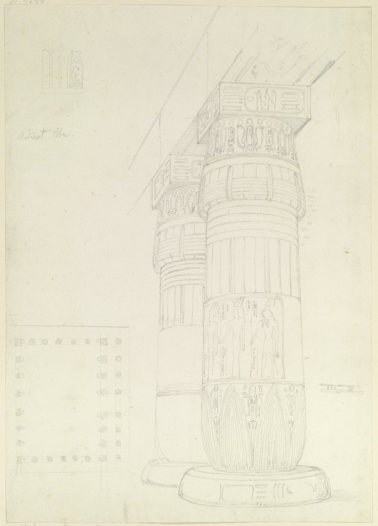 Ägyptische Säulen mit Architrav, daneben Grundriss eines Säulenhofes, Friedrich Maximilian Hessemer