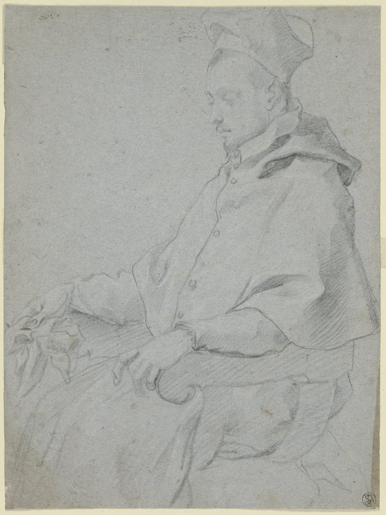 Porträt eines sitzenden Kardinals im Profil nach links, den Blick gesenkt, Francesco Vanni