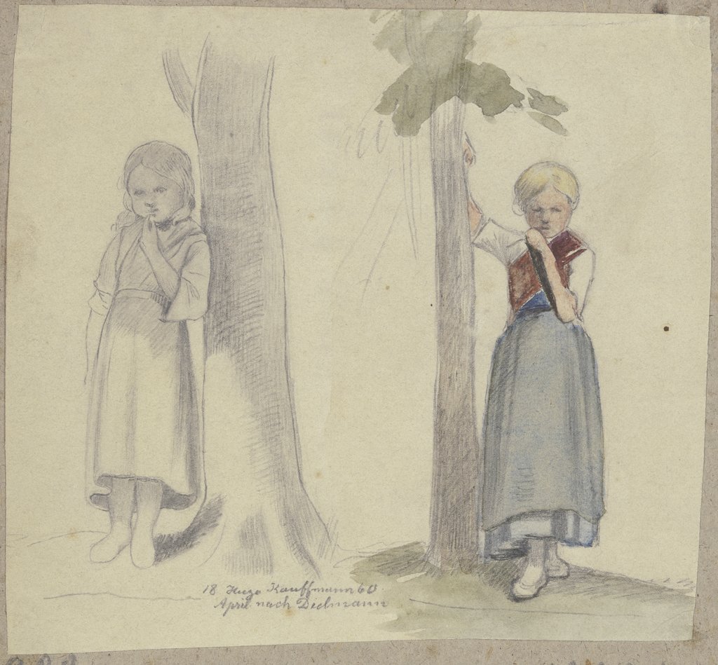 Girl at the tree, Hugo Kauffmann, after Jakob Fürchtegott Dielmann