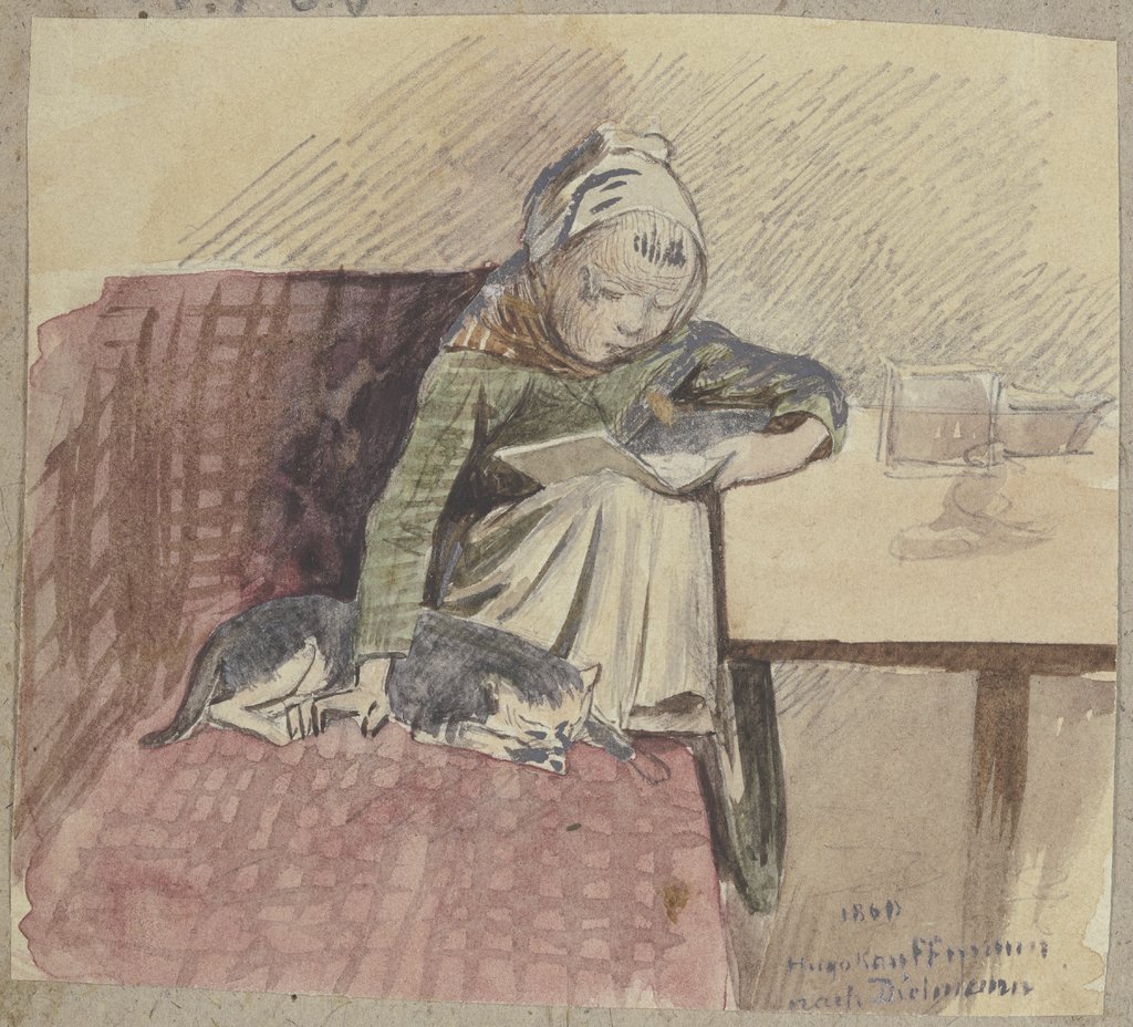 Lesendes Kind mit Katze auf der Bank, Hugo Kauffmann, nach Jakob Fürchtegott Dielmann