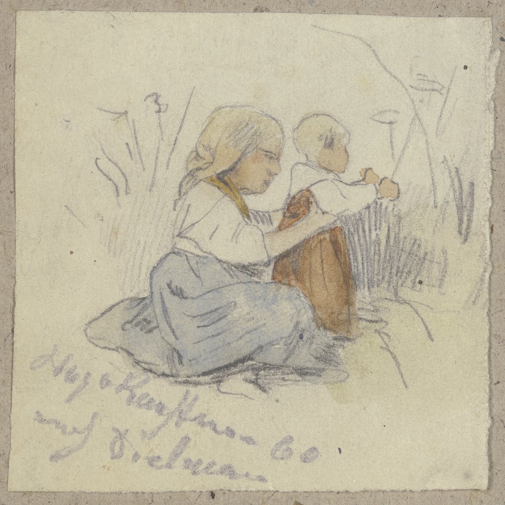 Kleines Mädchen mit Kind am Boden, Hugo Kauffmann, after Jakob Fürchtegott Dielmann