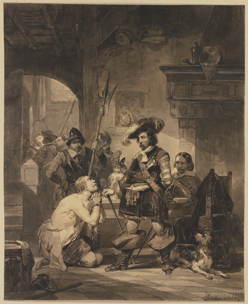 Eine Wachstube, auf den Knien ein Ketten Geschlagener einen Befehlshaber anflehend, Nicaise de Keyser