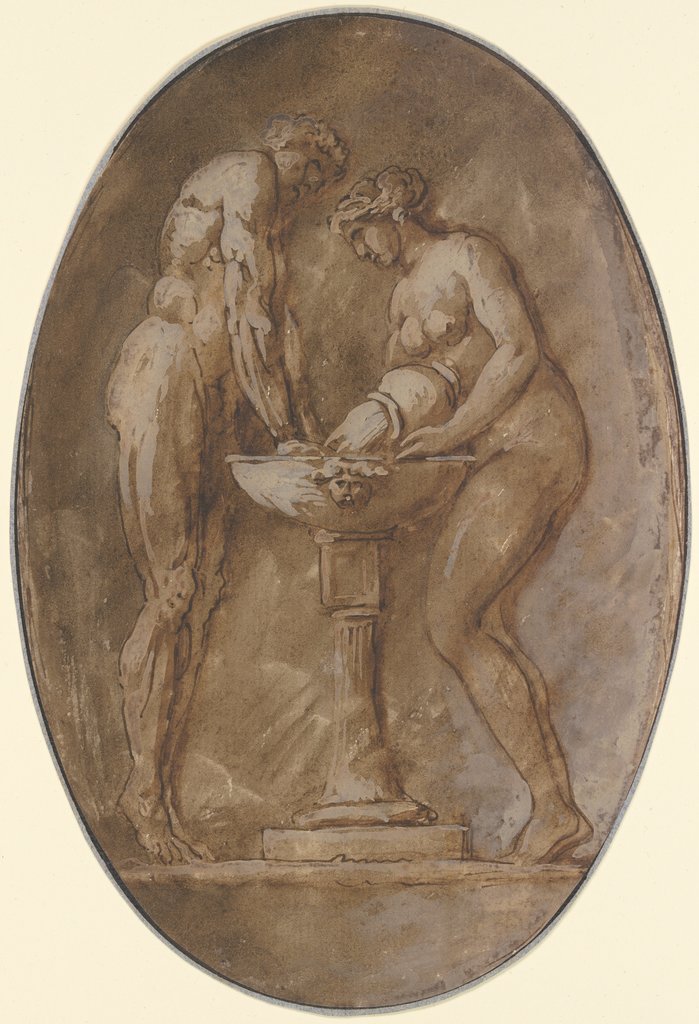 Ein nackter Mann, auf Zehenspitzen stehend, hält seine Hände in ein Becken, in das eine dem Mann gegenüber stehende nackte Frau Wasser gießt, Étienne de La Vallée Poussin