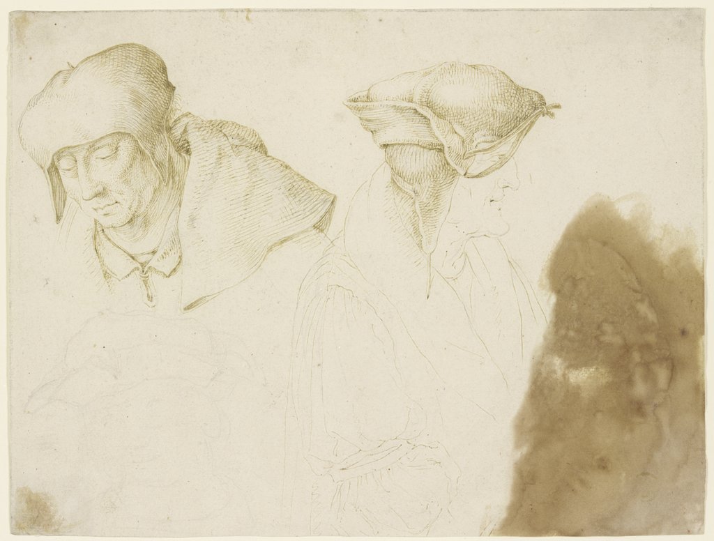 Kopf des Evangelisten Lukas, einer Assistenzfigur der Esther vor Ahasver sowie eines Dritten, Lucas van Leyden;   ?