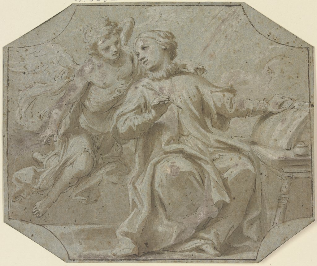 Eine Heilige schreibend, dabei ein Engel, Italienisch, 17. Jahrhundert