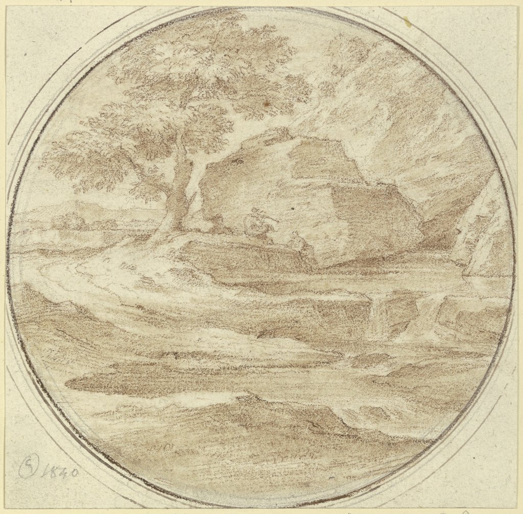 Baum mit einem Felsen, unter welchem ein Hirte sitzt, Ferdinand Olivier
