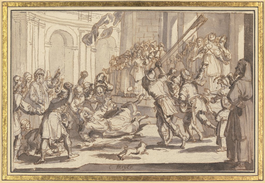 Martyrium des heiligen Jacobus des Jüngeren: Der Heilige wird von einer Volksmenge gesteinigt und mit dem Walkerholz erschlagen, Conrad Meyer