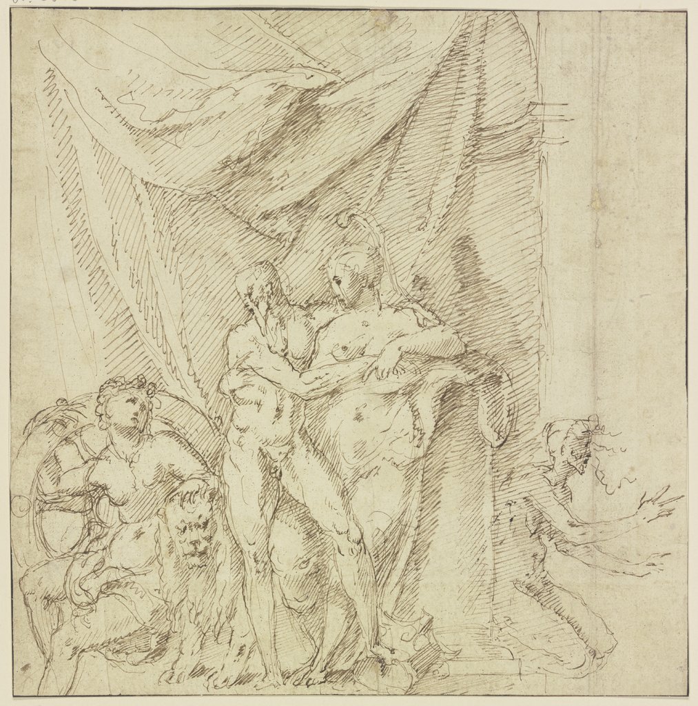 Herkules und Omphale (?) vor einer durch einen Vorhang größtenteils verdeckten Rundnische und zwei weiteren mythologischen oder allegorischen Figuren, Italian, 16th century