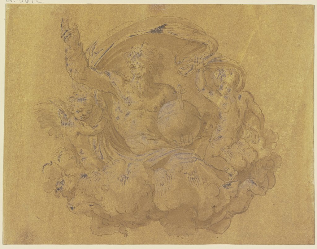 Gottvater mit der Weltkugel auf Wolken, unter einem von Engeln gehaltenen Tuchbaldachin, Italian, 16th century