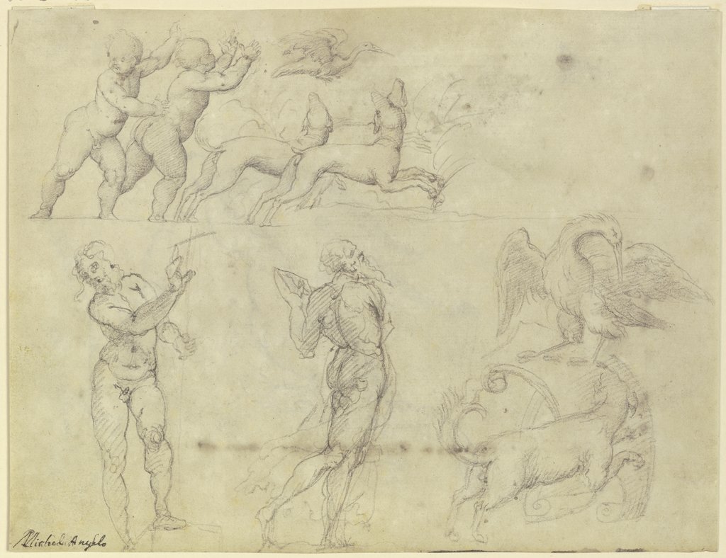 Studienblatt: Putten, Hunde und ein Vogel, der auferstandene Christus (Noli me tangere) sowie eine weitere, nach rechts schreitende männliche Figur, Italienisch, 16. Jahrhundert