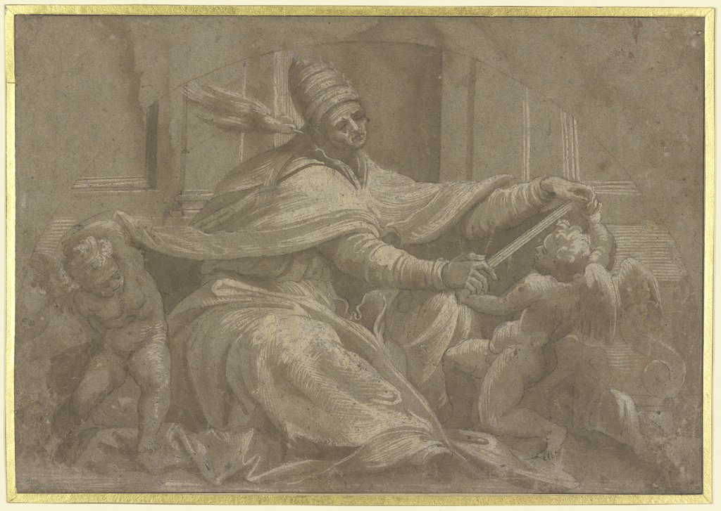 Gregor der Große mit der Friedenstaube, von zwei Engeln umgeben, Italienisch, 16. Jahrhundert