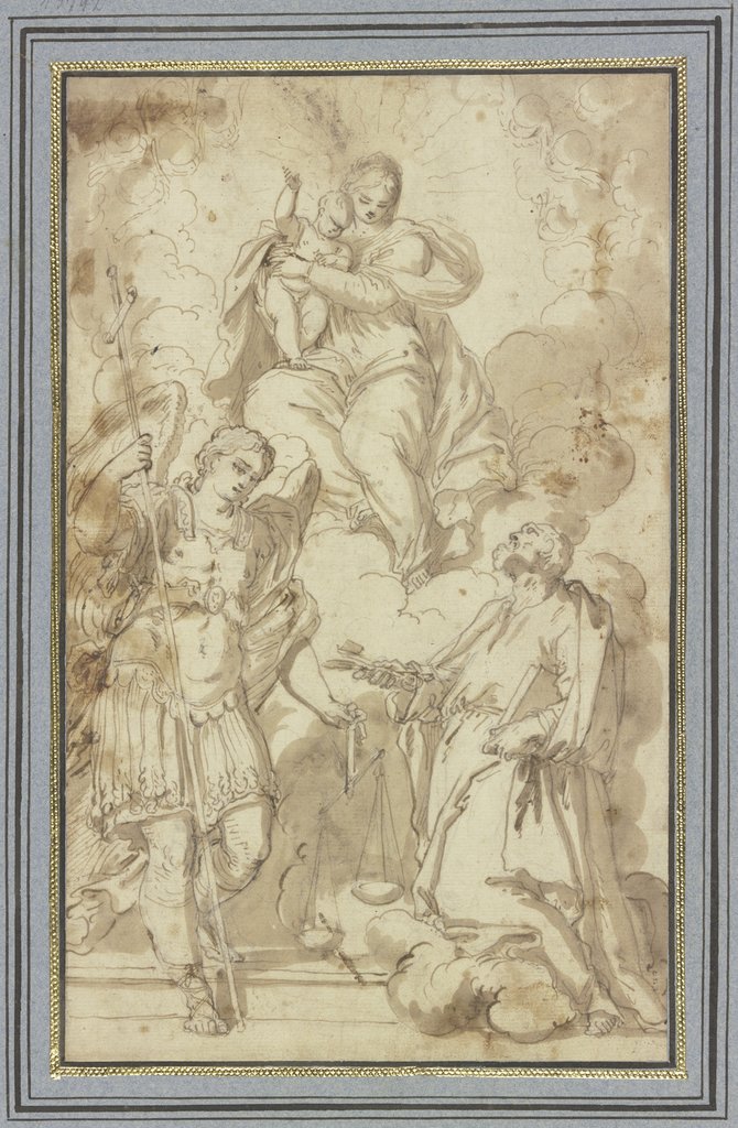 Madonna in Wolken, verehrt vom Erzengel Michael und dem Heiligen Petrus, Carlo Caliari