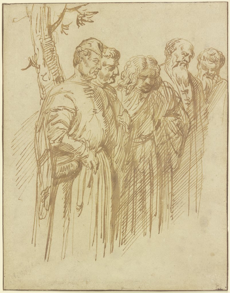 Gruppe von fünf stehenden Männern aus dem Fresko mit dem Wunder vom angefügten Fuß in der Scuola del Santo, S. Antonio, Padua, Titian;   ?