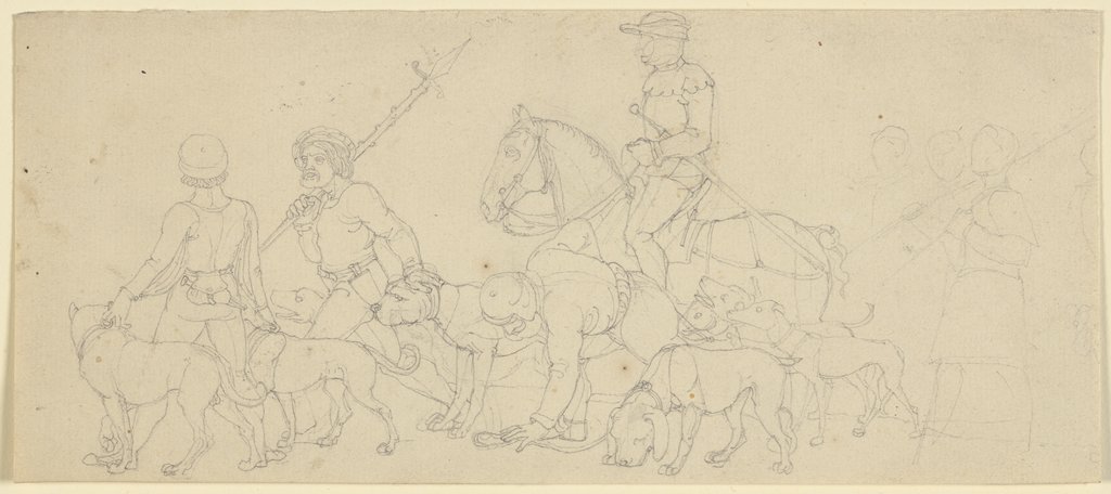 Ein Ritter zieht mit Knechten und vielen Hunden zur Jagd, Franz Pforr