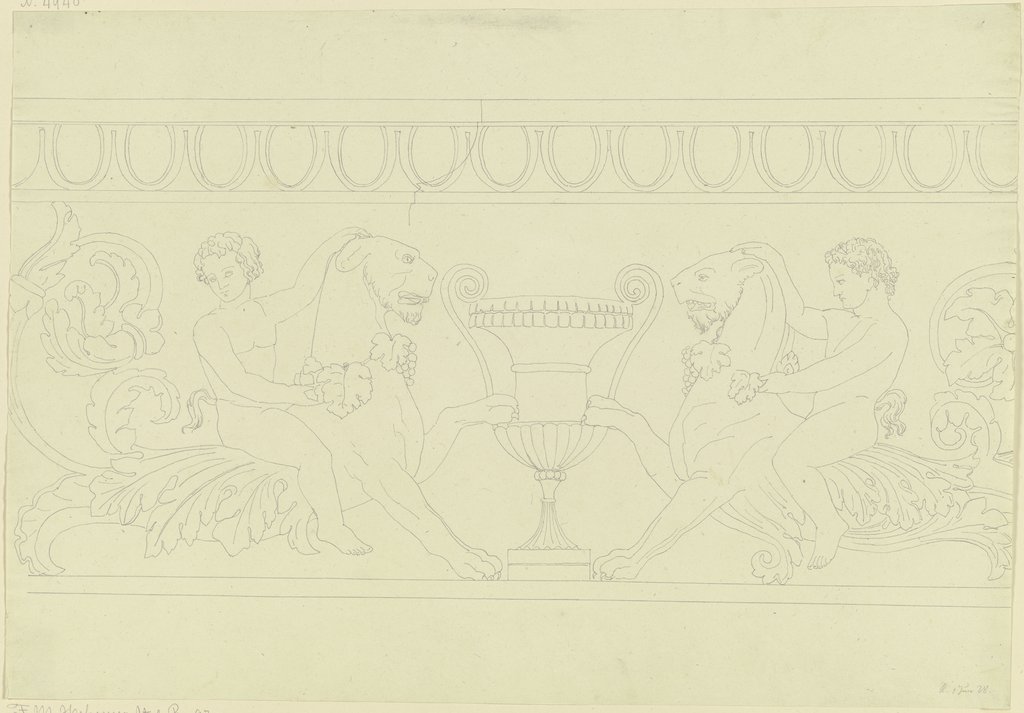 Zwei auf mit Weinlaub geschmückten Löwen reitende Satyrn, eine Vase flankierend, Friedrich Maximilian Hessemer