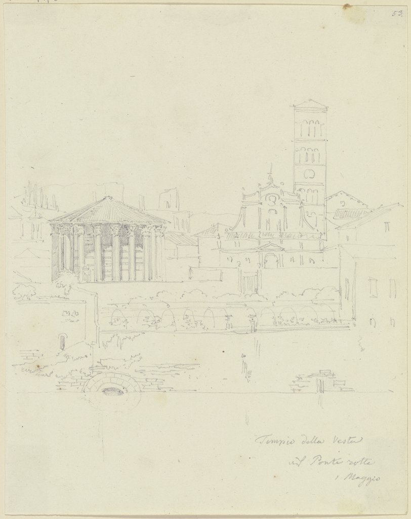 Der Tempio di Ercole Vincitore und S. Maria in Cosmedin mit der in den 1890er Jahren abgebrochenen Rokokofassade, vom Pons Aemilius aus gesehen, Friedrich Maximilian Hessemer