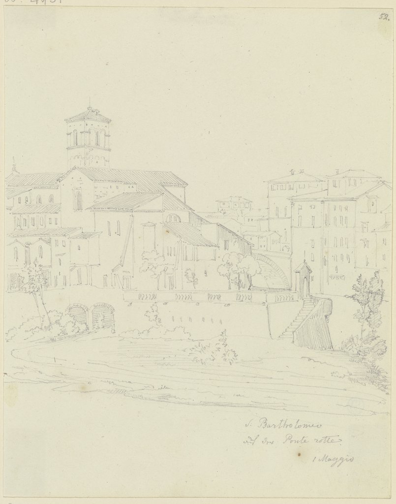 S. Bartolomeo all’Isola in Rom, vom Pons Aemilius aus gesehen, Friedrich Maximilian Hessemer