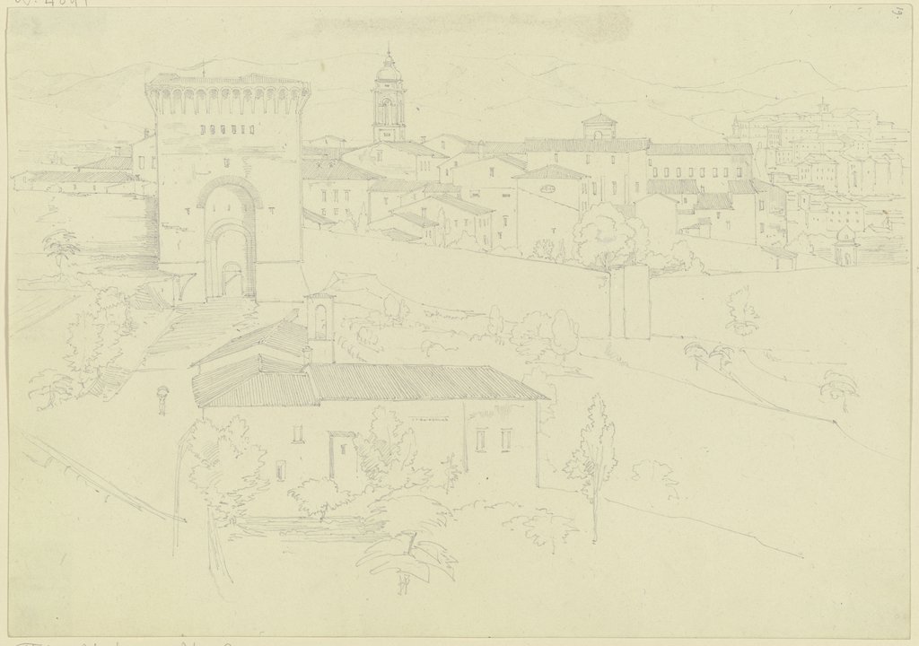 Ansicht einer befestigten Stadt, im Mittelgrund ein Stadttor, Friedrich Maximilian Hessemer