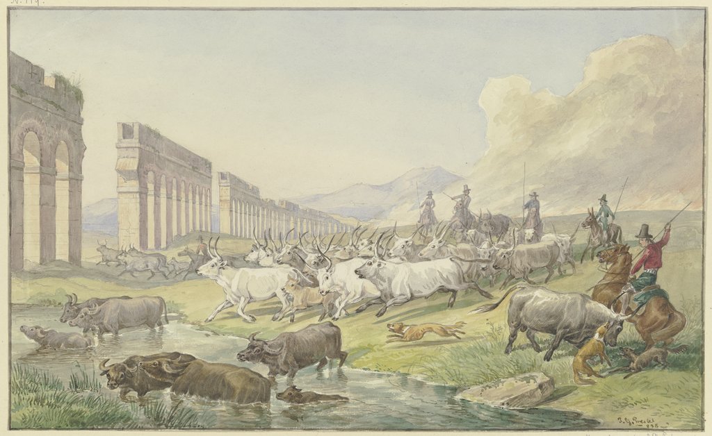 Römische Bauern treiben eine Herde Ochsen und Büffel durchs Wasser, Johann Erdmann Gottlieb Prestel