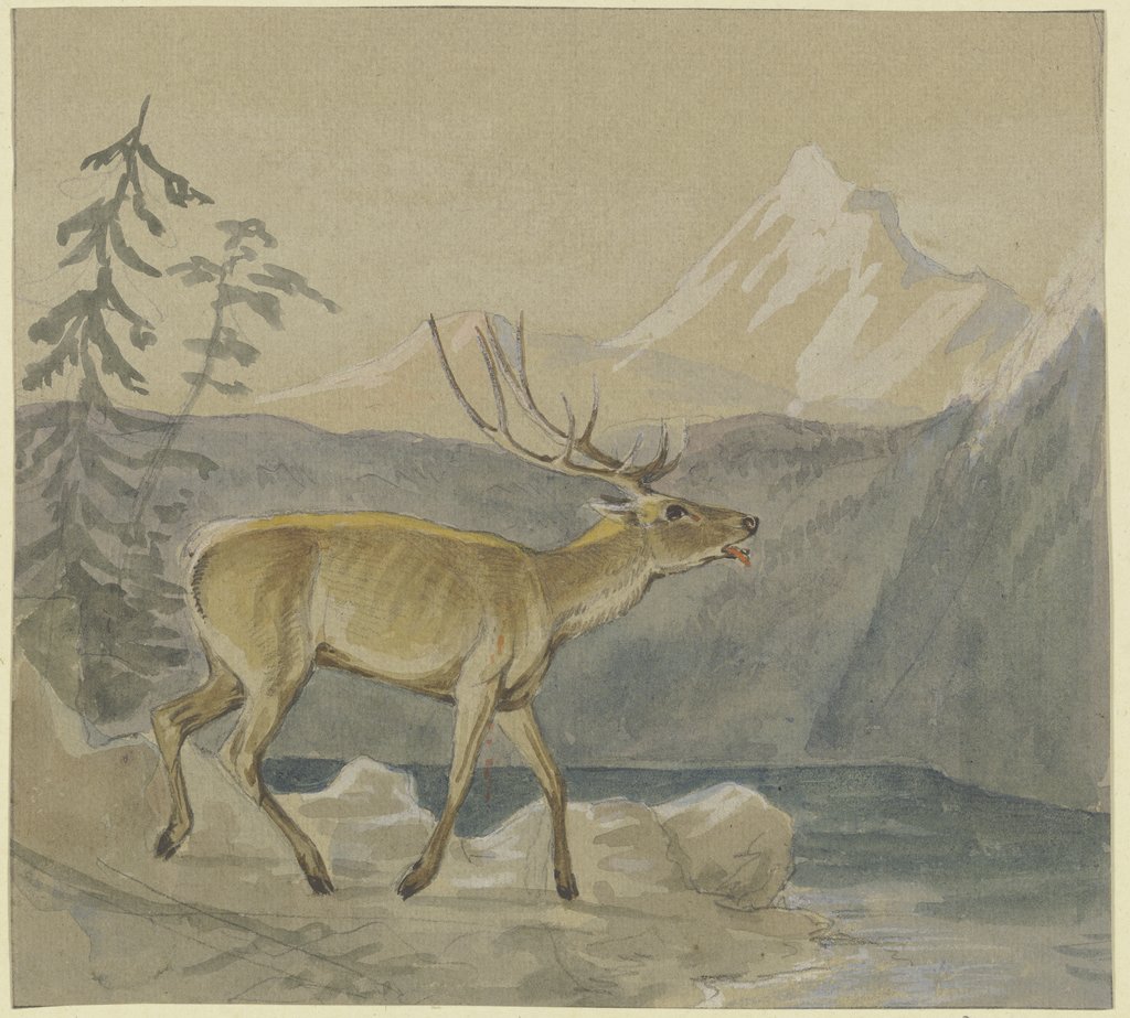 Ein verwundeter Hirsch sucht Labung an einem Gebirgssee, Johann Erdmann Gottlieb Prestel