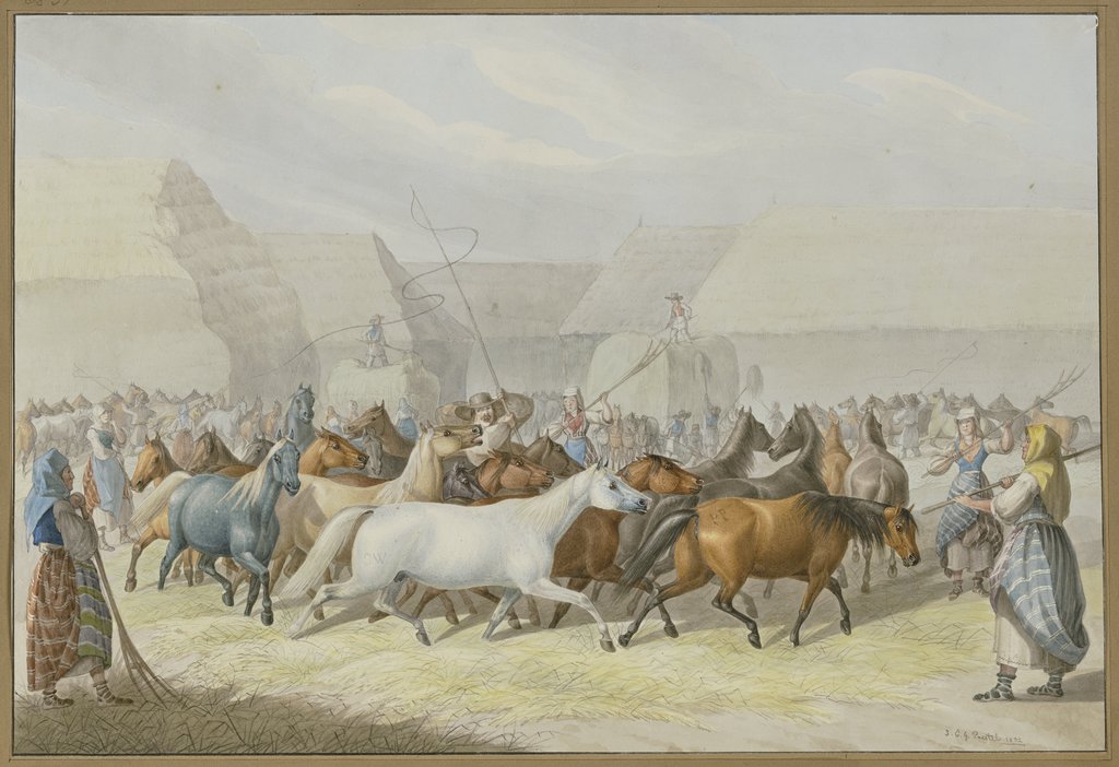 Darstellung des Fruchtdreschens mit Pferden in Syrmien (Slavonien), Johann Erdmann Gottlieb Prestel