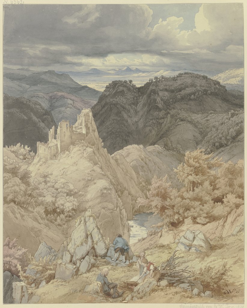 Ruine der Burg Are über dem Ahrtal mit rastenden Wanderern, Eduard Wilhelm Pose