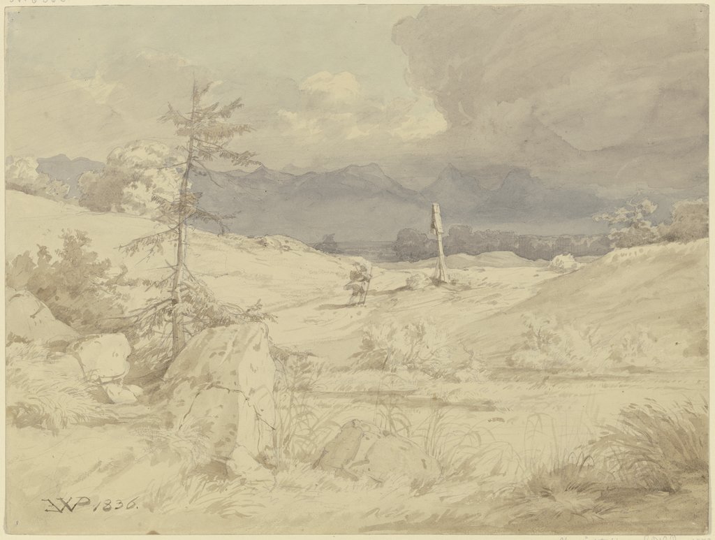 Aufziehendes Unwetter über einer Landschaft mit Wegkreuz, Eduard Wilhelm Pose