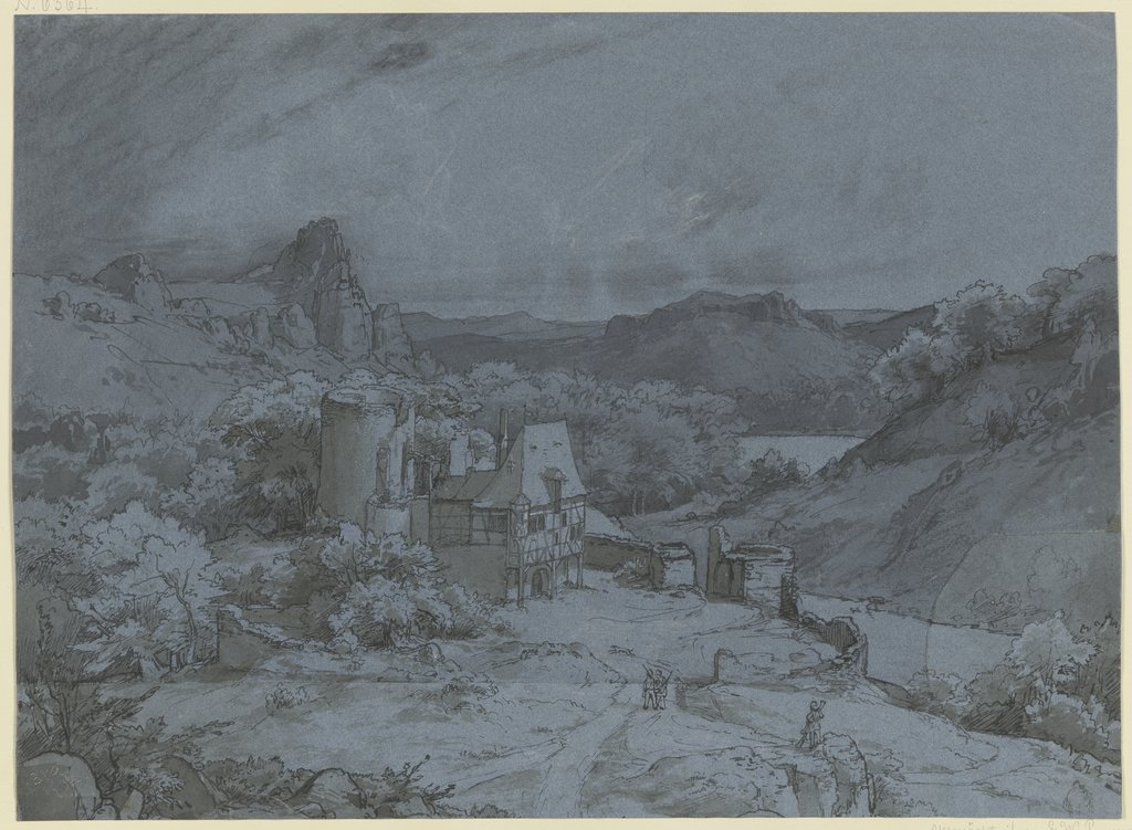 Burgruine mit Fachwerkanbauten in einer Felslandschaft, Eduard Wilhelm Pose